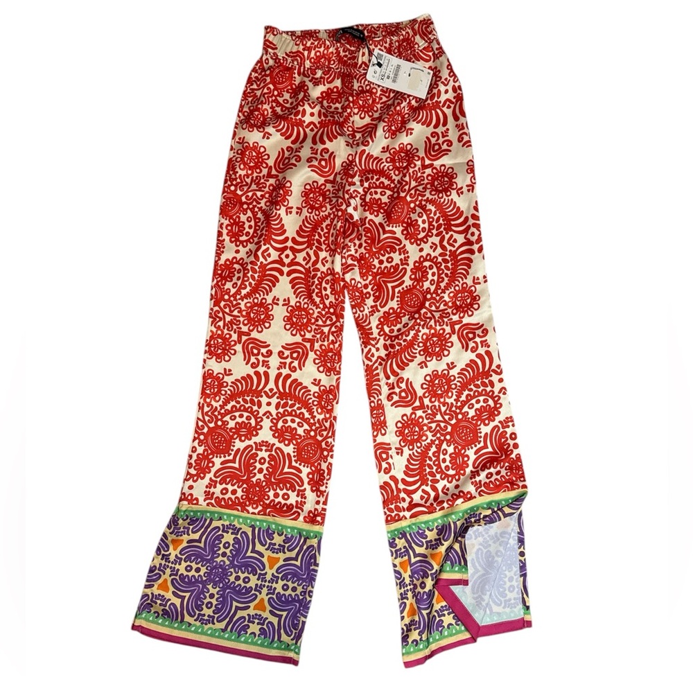 Zara Satin Flare Leg Red and Purple Patterned Pants
